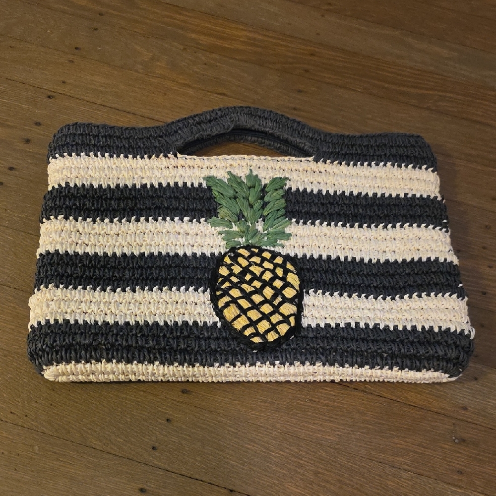 Talbots- Hand Crocheted Paper Straw Striped Clutch with Pineapple